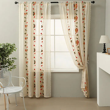 Qfdian 78 Inch Christmas Sheer Curtains for Living Room Bedroom Lace Beige Bells Embroidery Home Decorations Rod Pocket Window Curtains